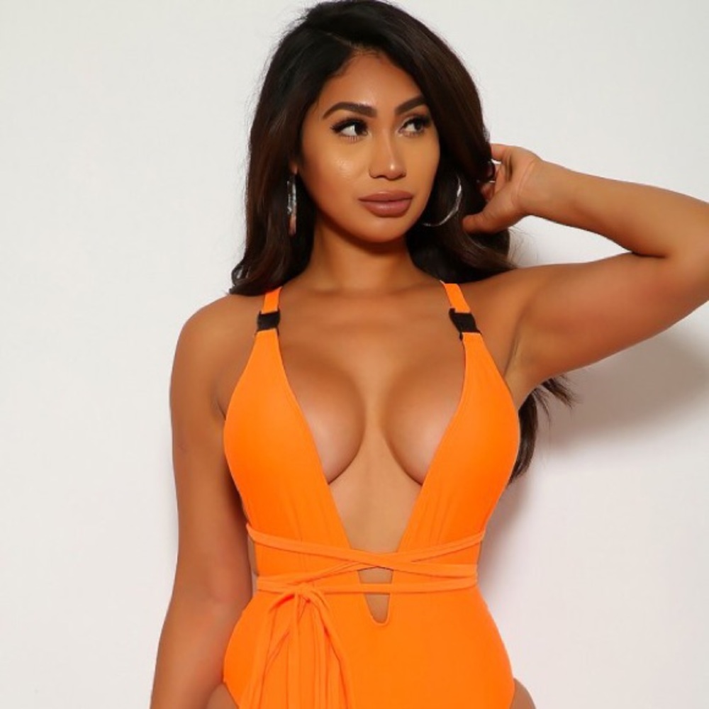 Orange Buckle Strap One Piece Swimsuit